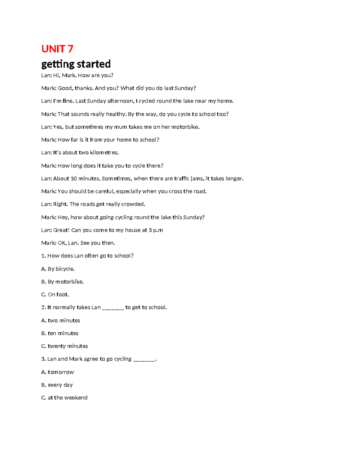 UNIT 7 Getting Started: Conversations and Exercises on Daily Activities ...