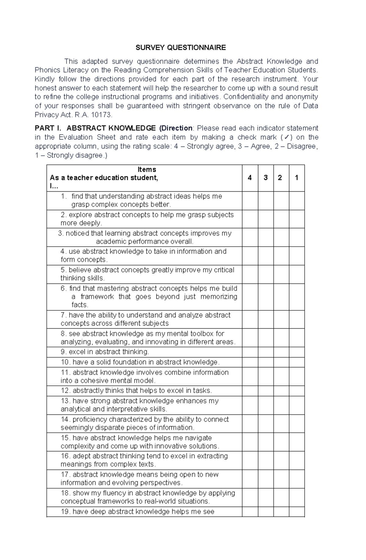 Dumagsa - ED 101 Survey Questionnaire on Knowledge & Phonics Literacy ...