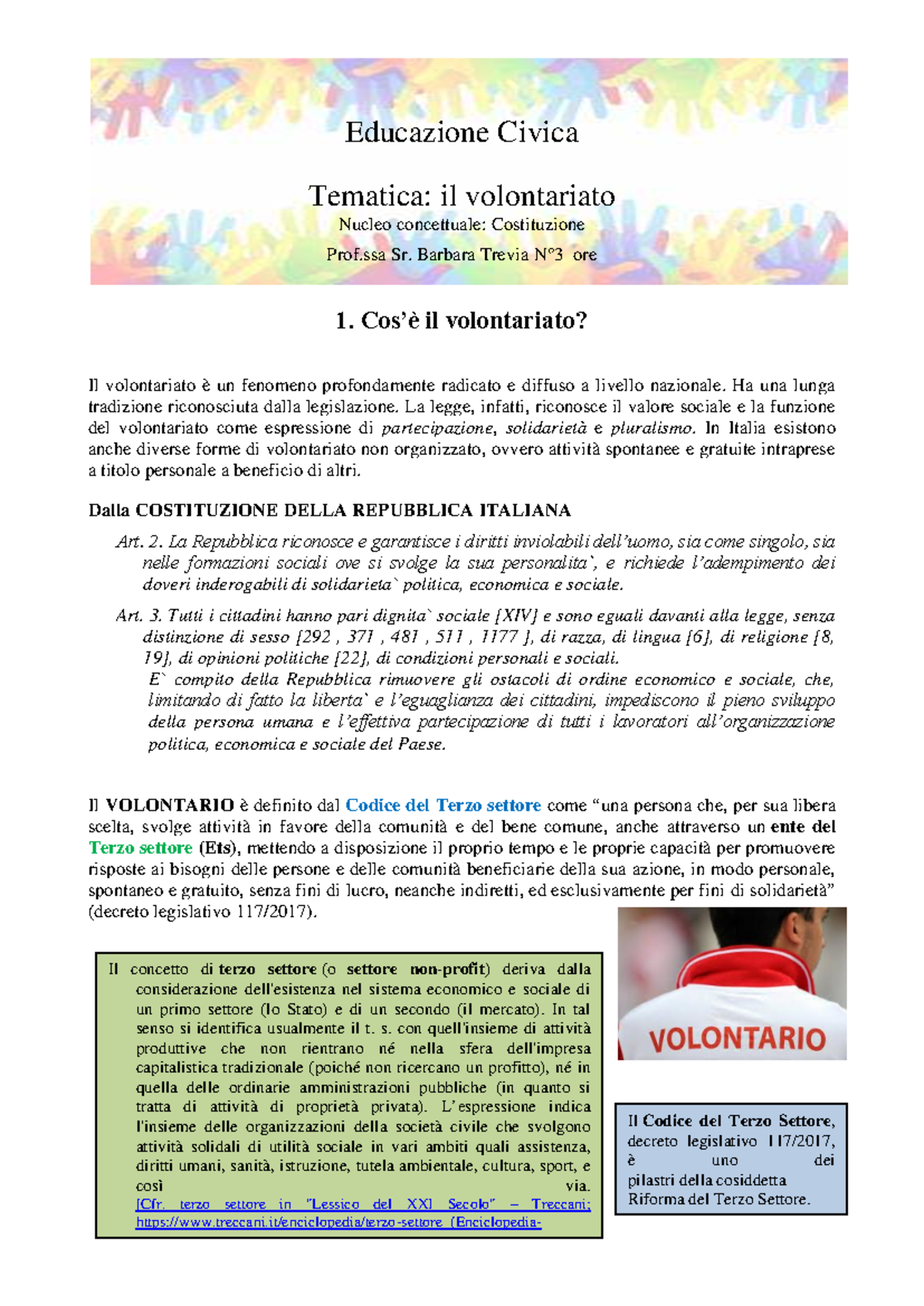 Educazione Civica: Il Volontariato e la Costituzione - 1f - Studocu