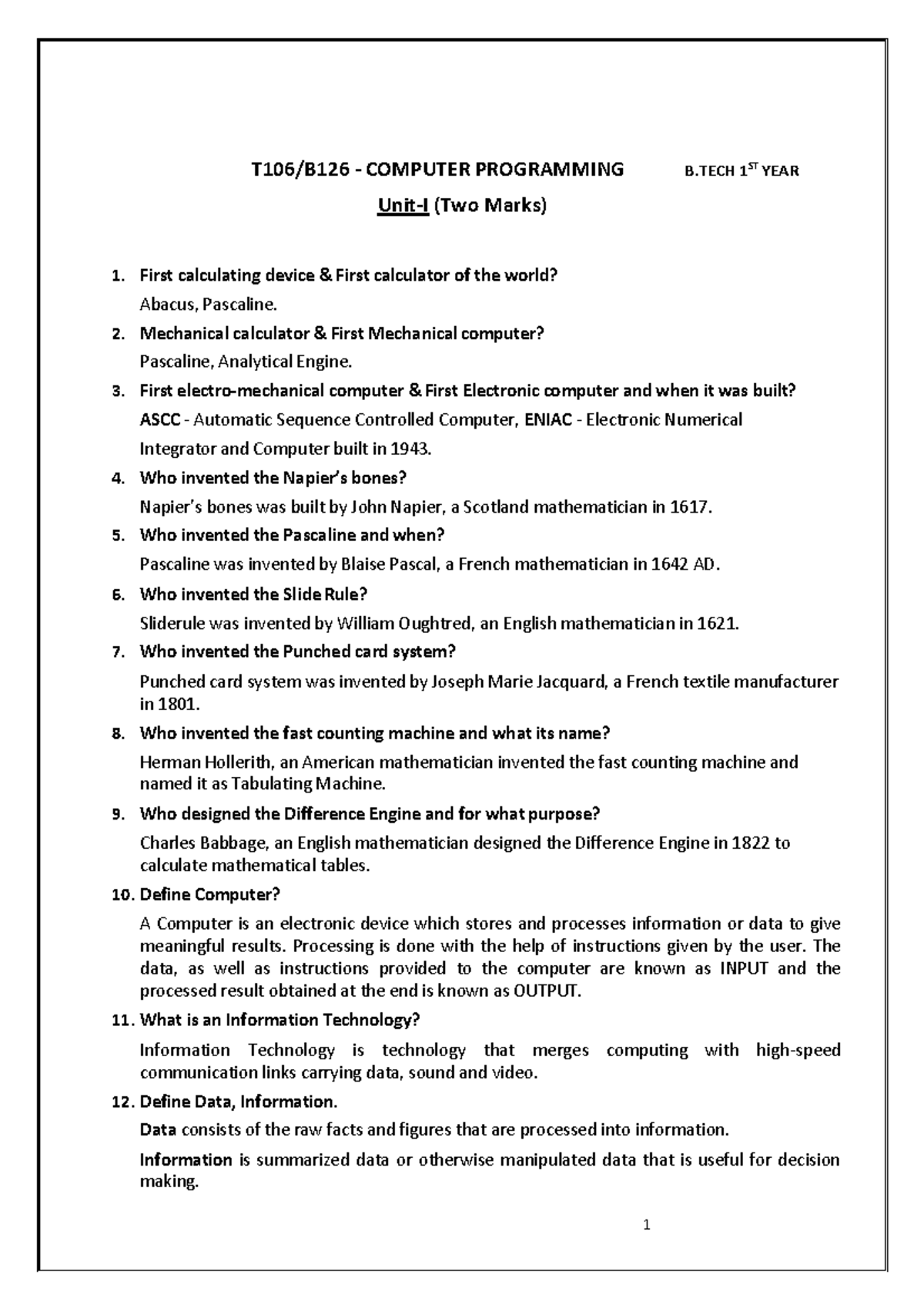 CP(U1) - Computer Programming Lecture Notes: Key Concepts & History ...