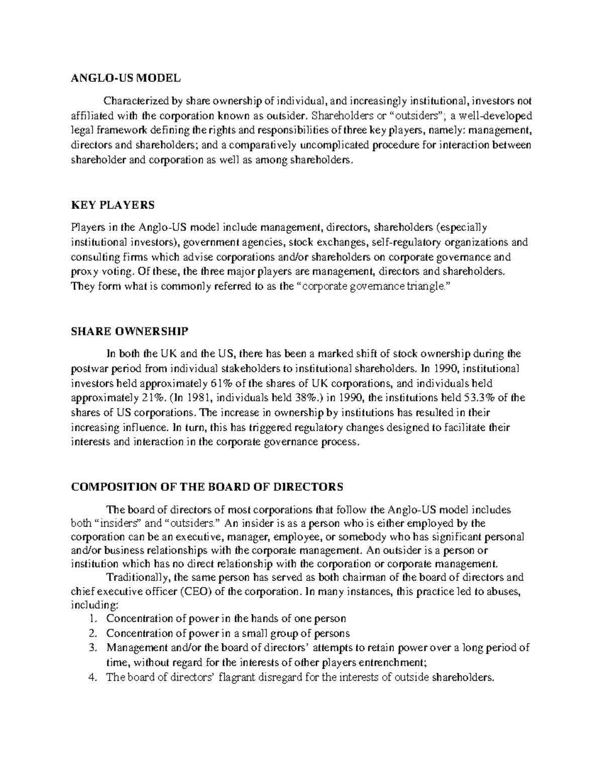 Chapter 4 - Understanding the Anglo-US Corporate Governance Model - Studocu