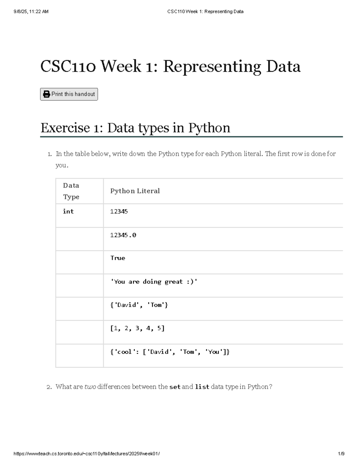 CSC110 Week 1: Data Types and Comprehensions in Python - Studocu