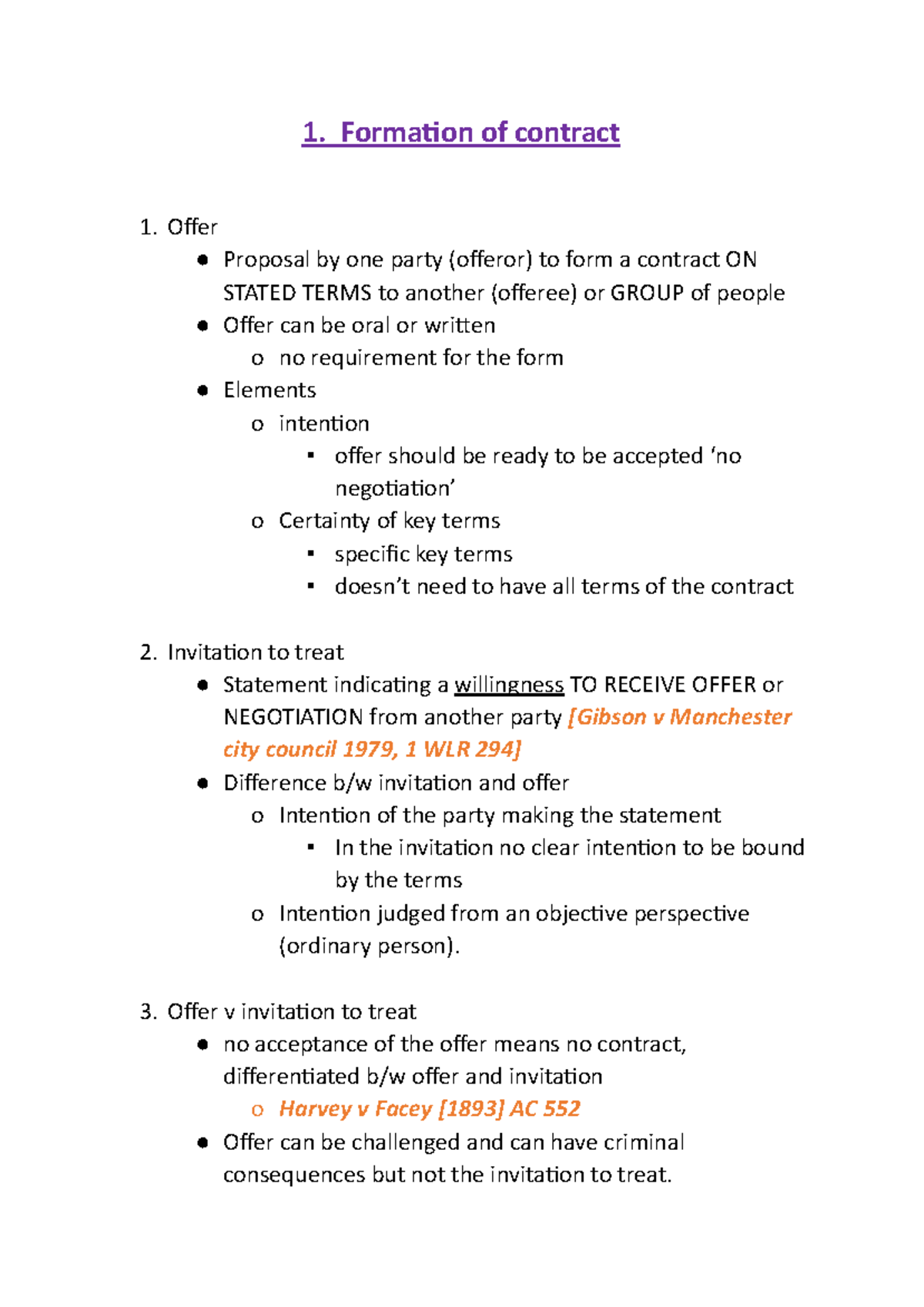 Contract law 1st year - 1. Formaon of contract Offer Proposal by one ...