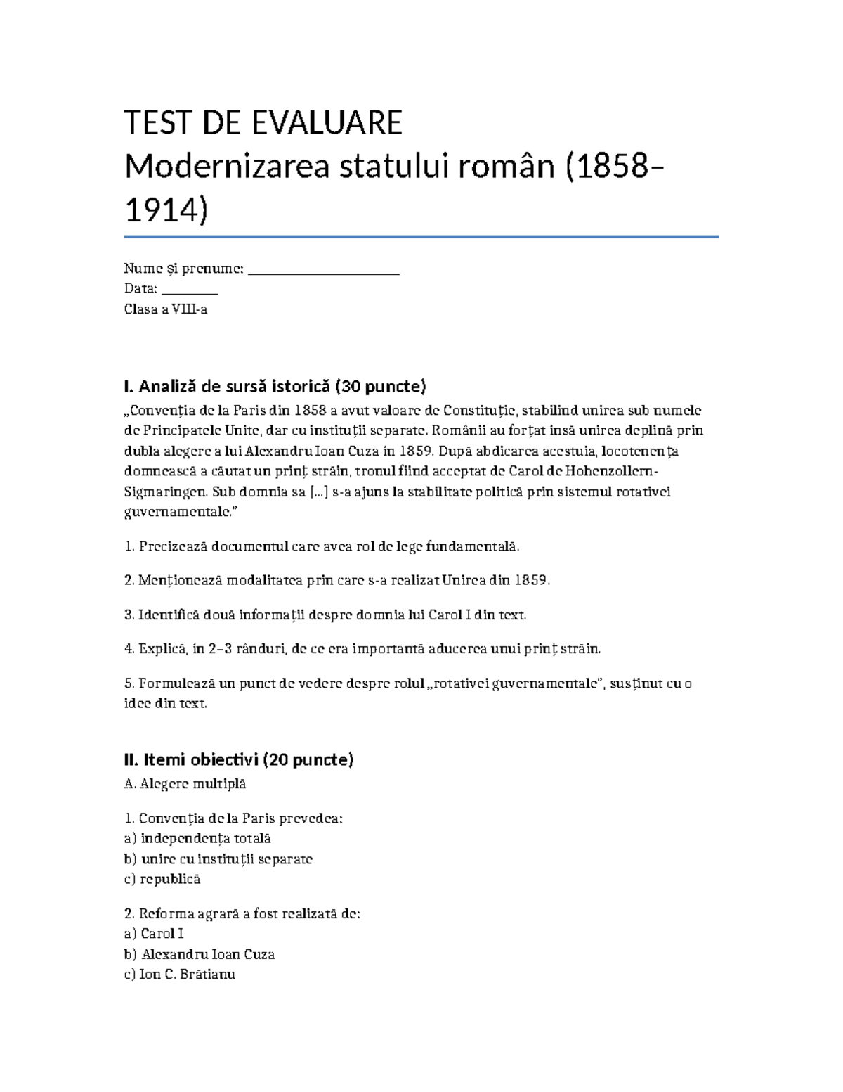 Test de Evaluare: Modernizarea Statului Român (Clasa I) - Studocu
