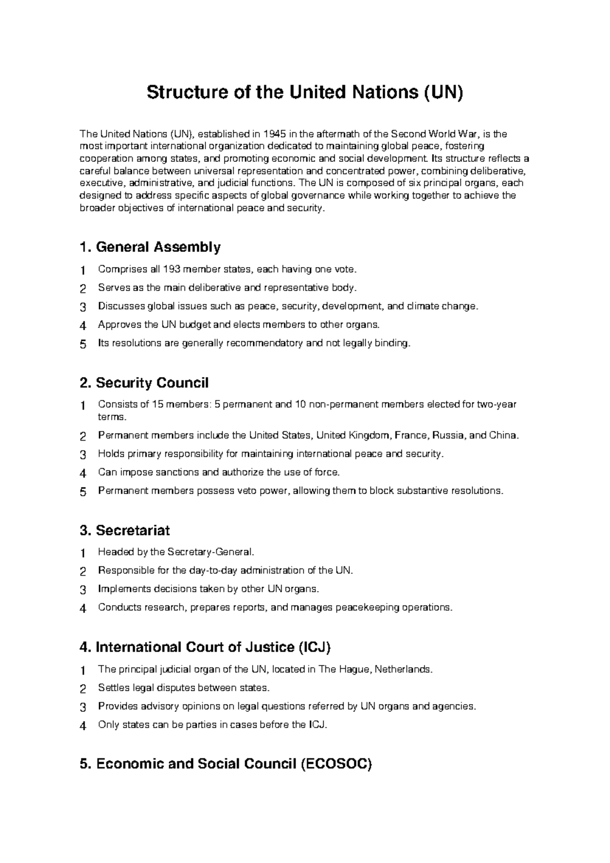 UN Structure Overview: Key Organs and Functions - Studocu