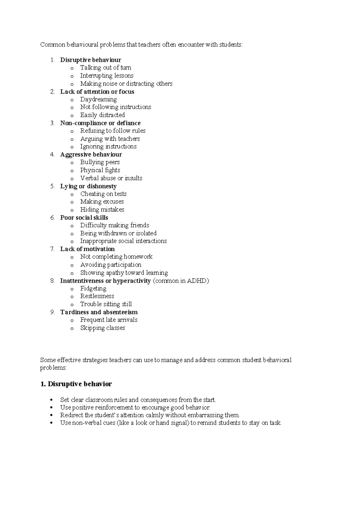 Common Behavioral Problems & Strategies: Intervention Plan - Studocu