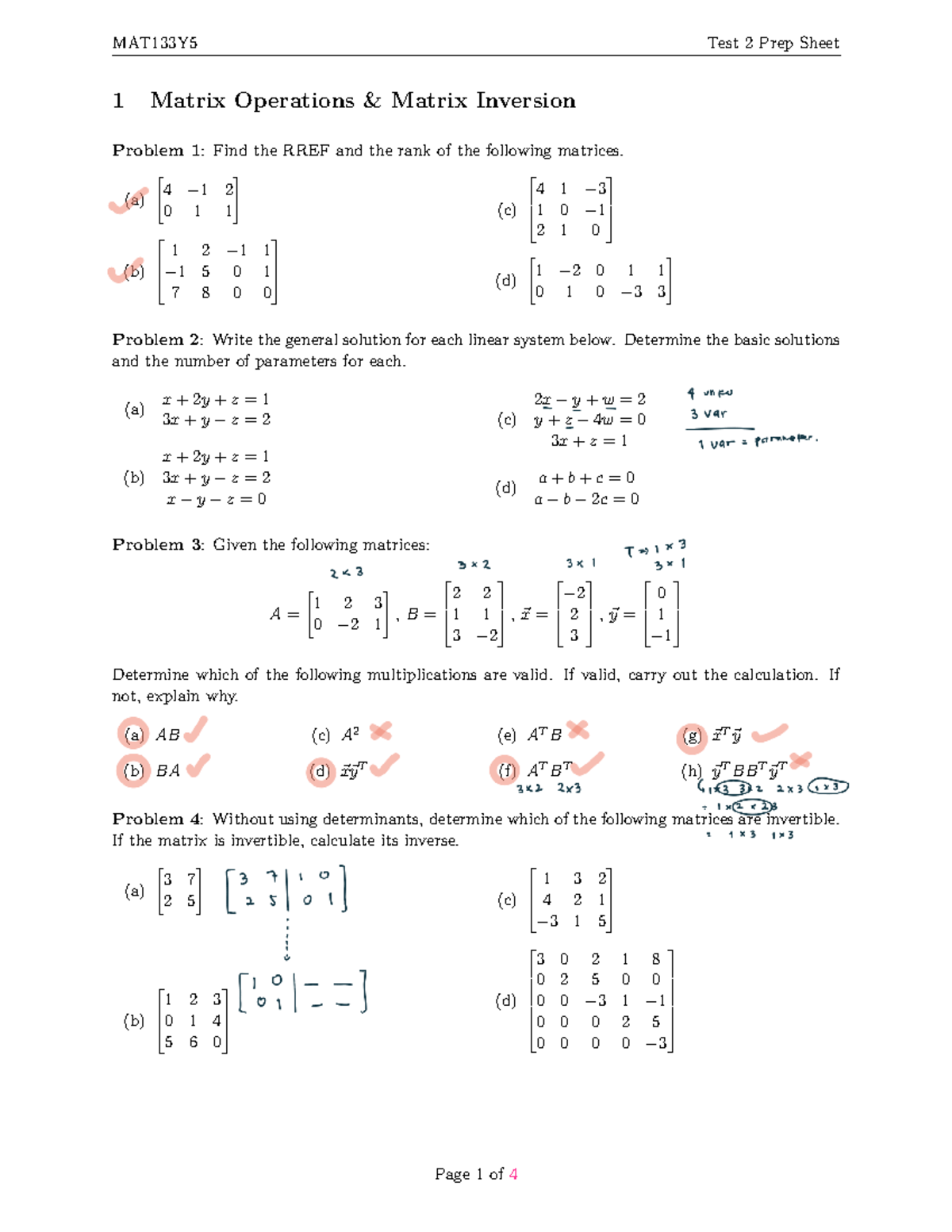 MAT133Y5 Test 2 Prep Sheet: Matrix Operations & Probability - Studocu