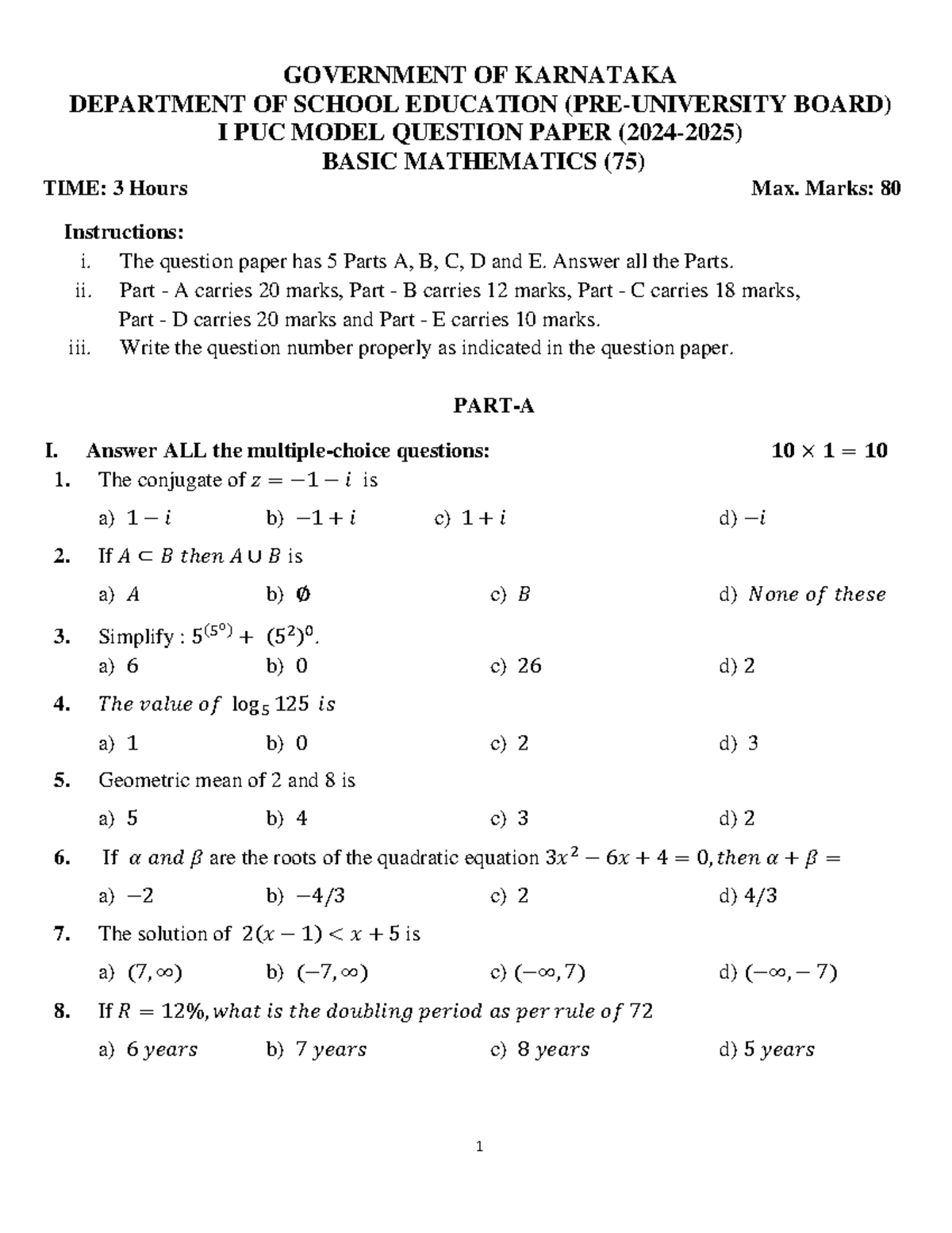 75 Basic Maths Model Question Paper (1st PUC) - Studocu