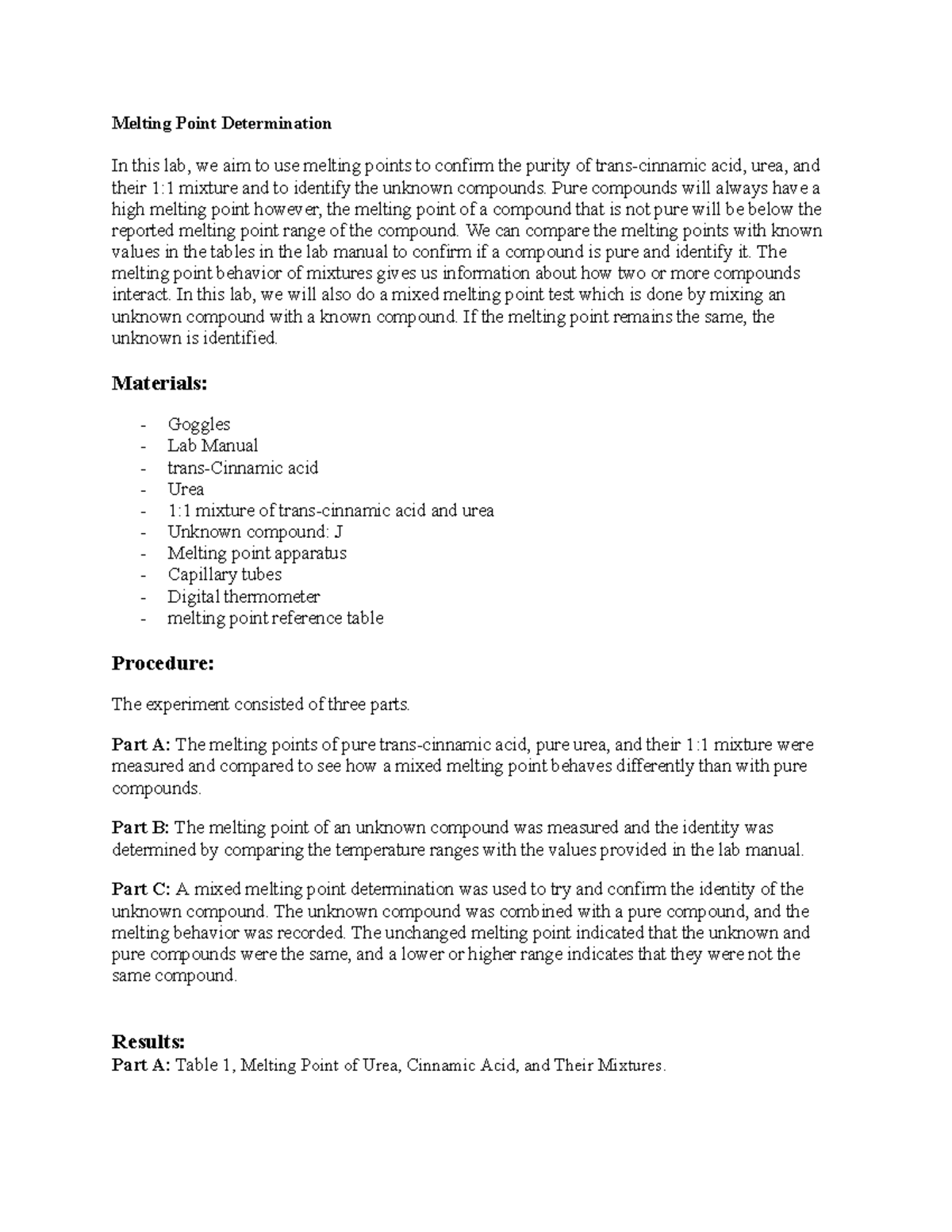 Lab Report 1: Melting Point Determination and Purity Analysis - Studocu