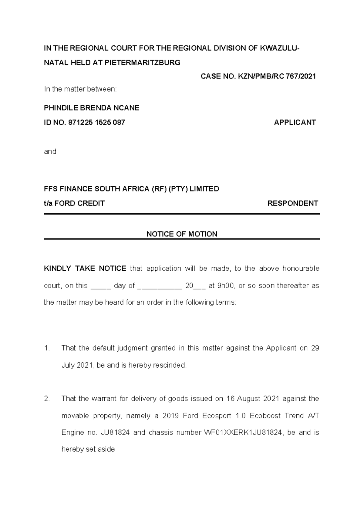 Rescission Application - Phindile Ncane - Case No. [Insert Case No ...