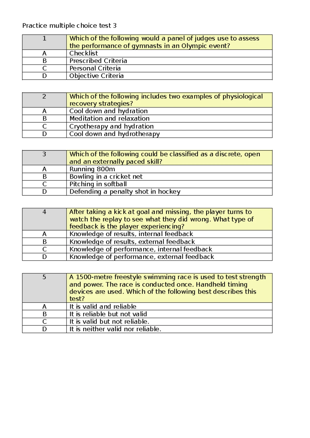 Practice MC Test 4: Sports Training & Recovery Strategies - Studocu