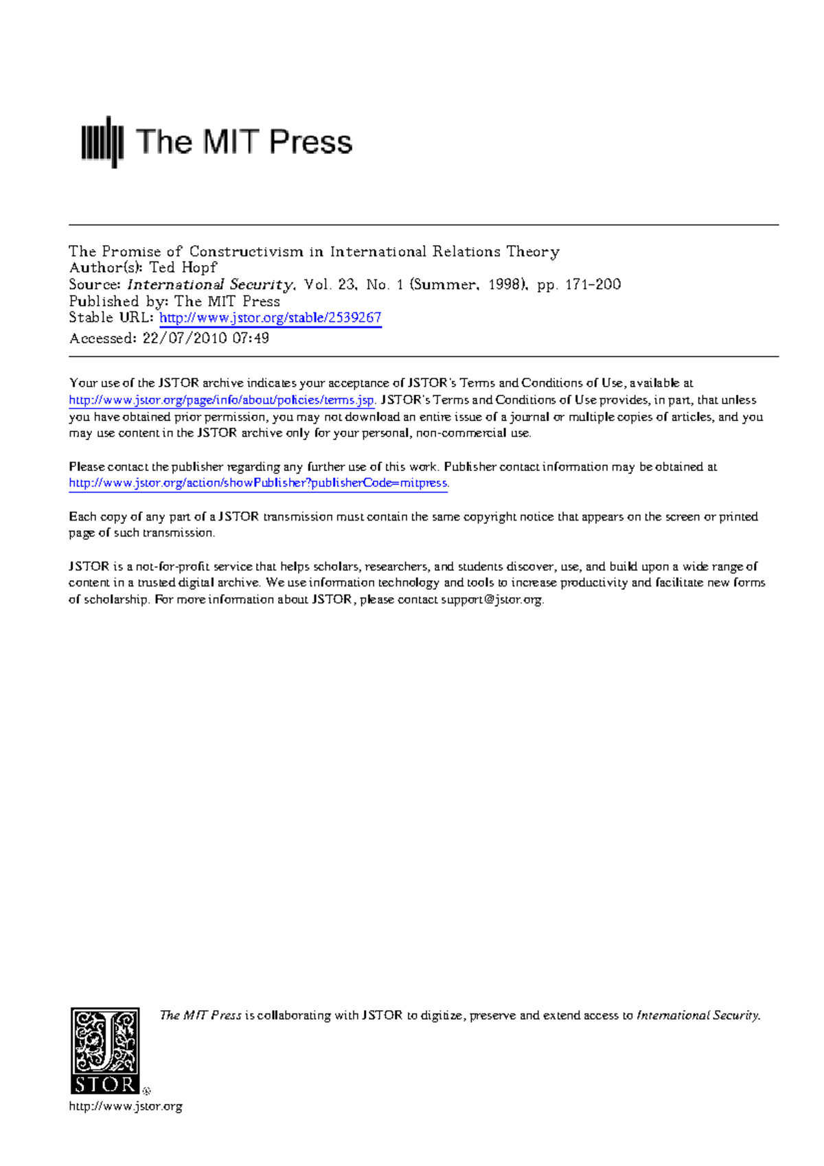 Ted Hopf - The Promise of Constructivism in IR Theory (Course Code ...