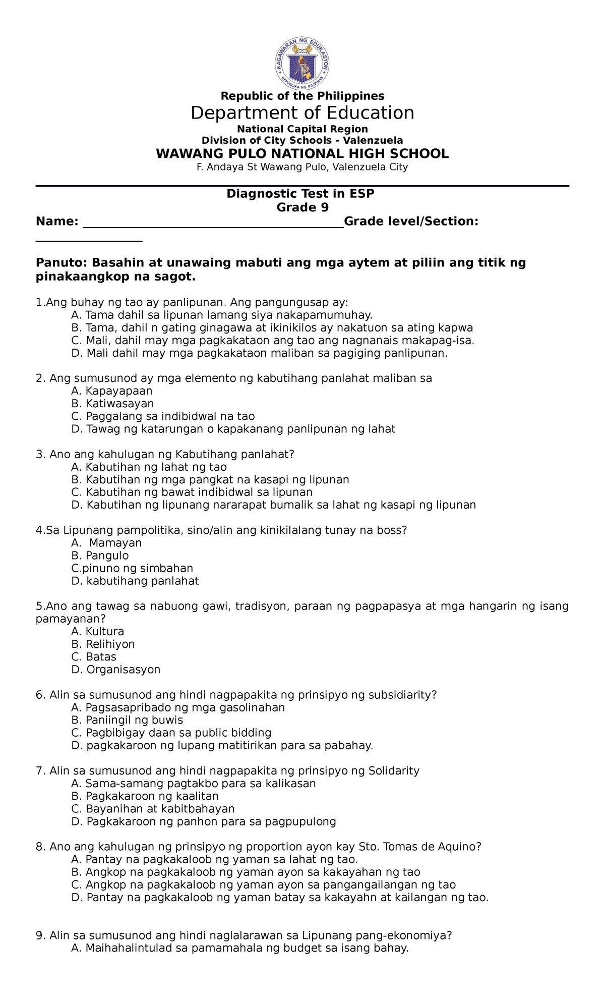 Diagnostic TEST-MATH 9 - Republic of the Philippines Department of ...