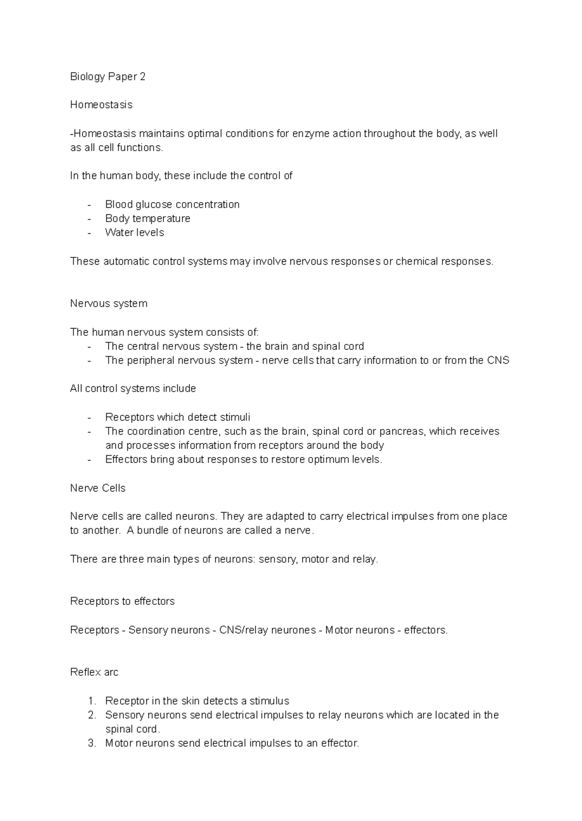 Biology Paper 2 - Homeostasis and Nervous System Notes - Studocu
