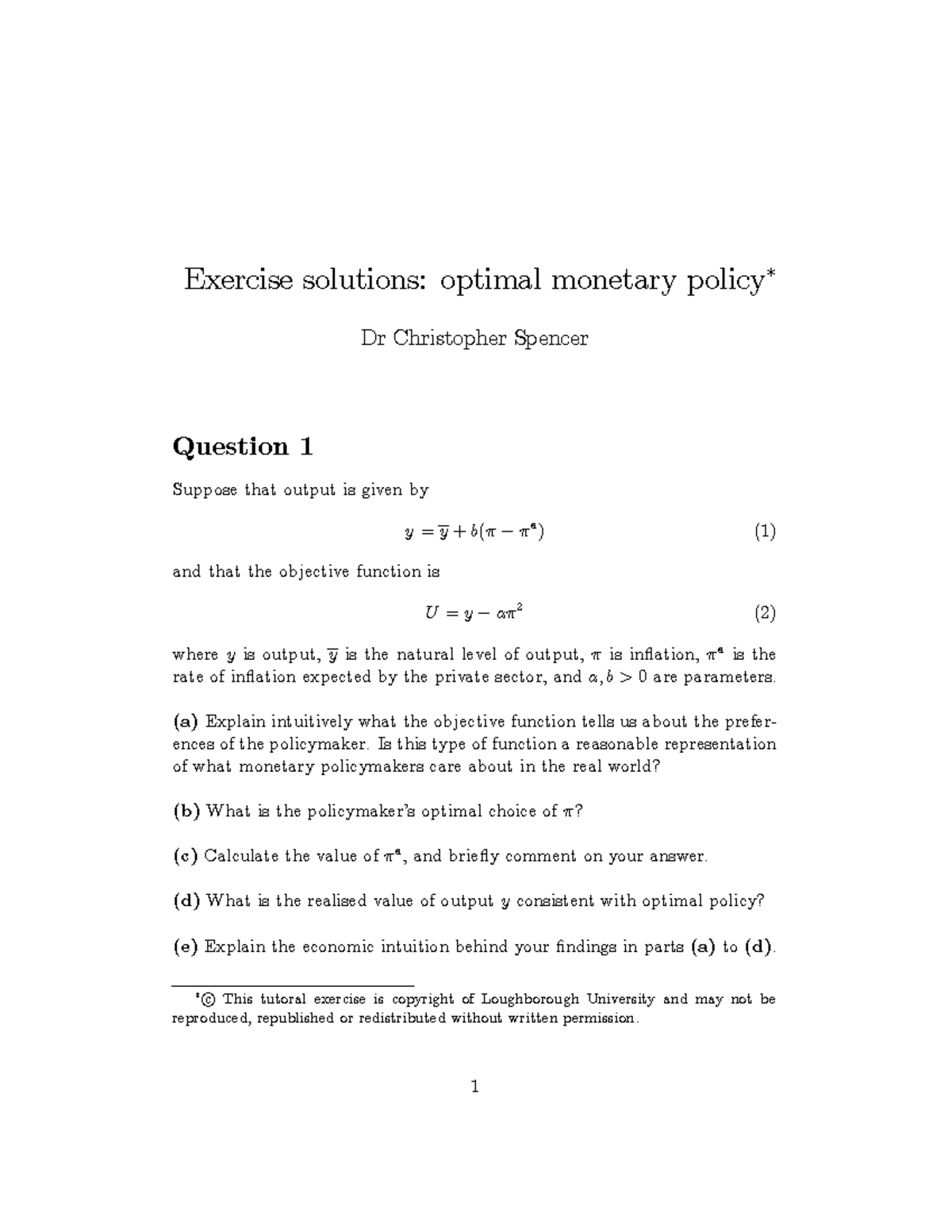 Sem2 Tut 1 Solutions for Optimal Monetary Policy Exercises - Studocu