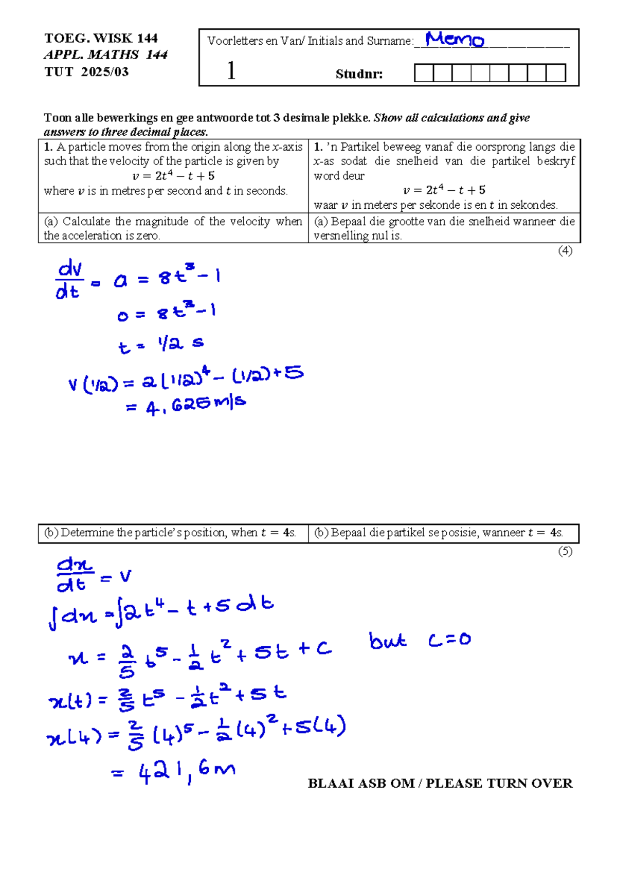 WISK 144 APPL. MATHS 144 TUT 2025/03 - Tut Test 3.1 Memo - Studocu