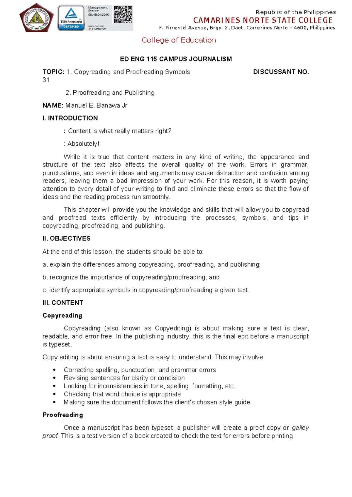 ED ENG 115 Discussion Paper: Copyreading Symbols & Proofreading Tips ...
