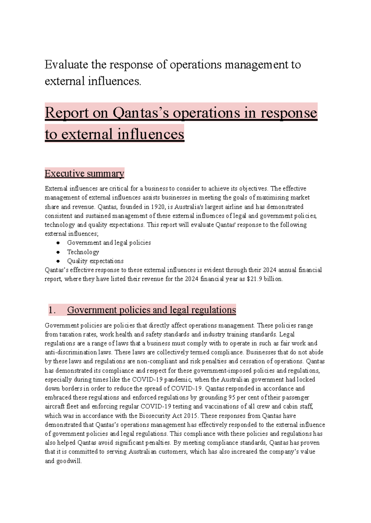 Report on Qantas's Operations Management: Response to External ...