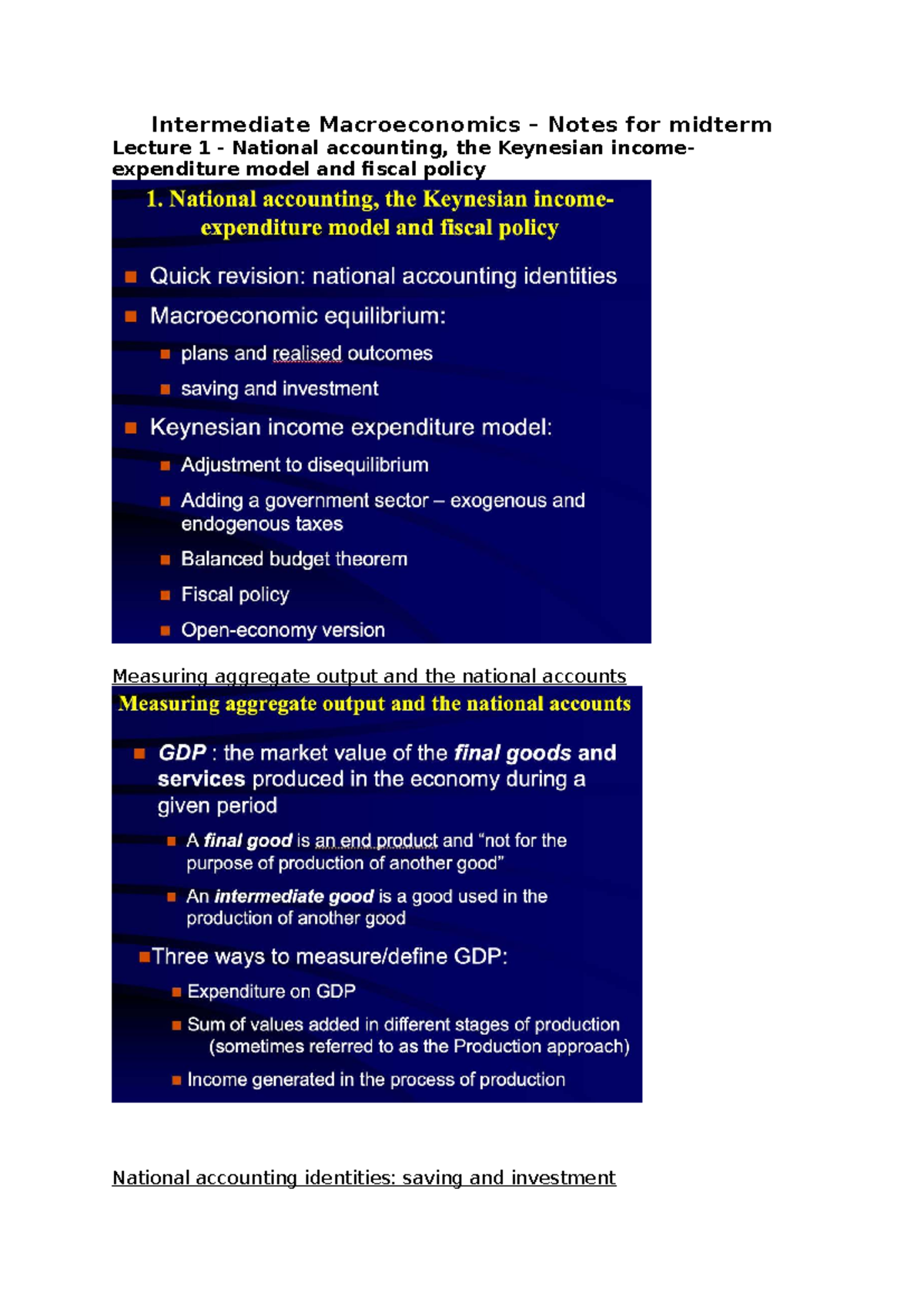 Intermediate Macroeconomics (ECON 301) Midterm Lecture Notes - Studocu