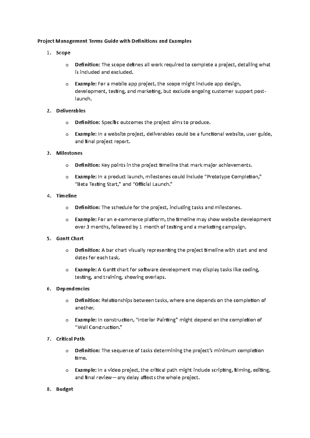 Project Management Terms Guide: Definitions & Examples - Studocu