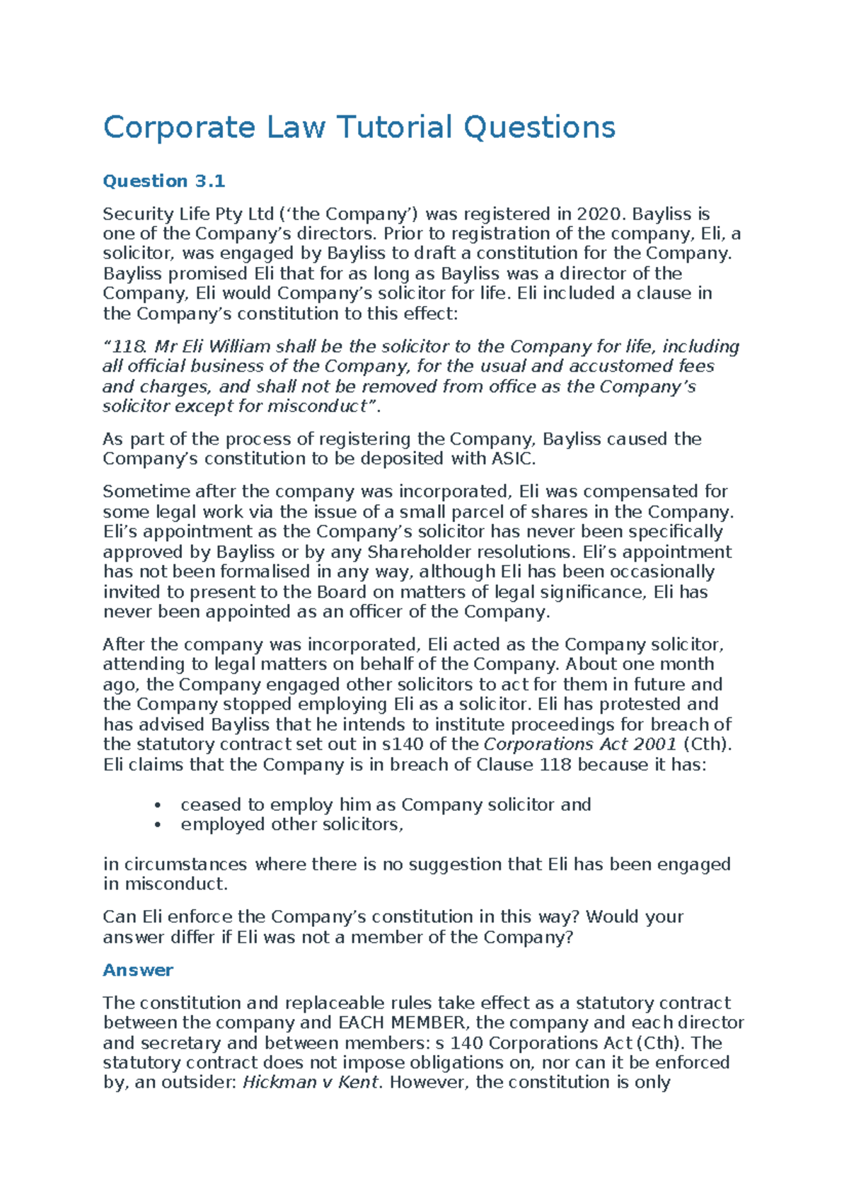 Corporate Law Tutorial Questions: Week 3 Analysis and Case Studies ...