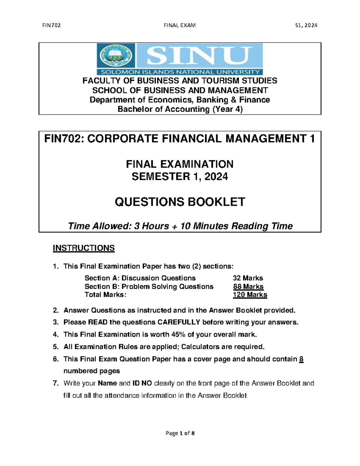 FIN702 CORPORATE FINANCIAL MANAGEMENT FINAL EXAM S1 2024 - Studocu