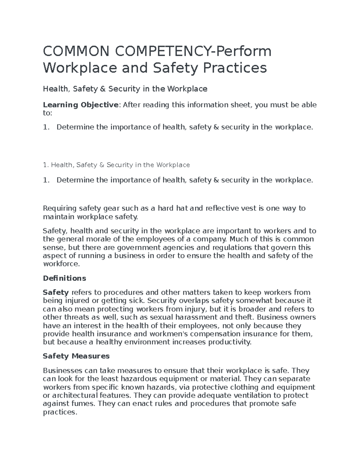 Common Competency-Performing Workplace Health & Safety Practices - Studocu