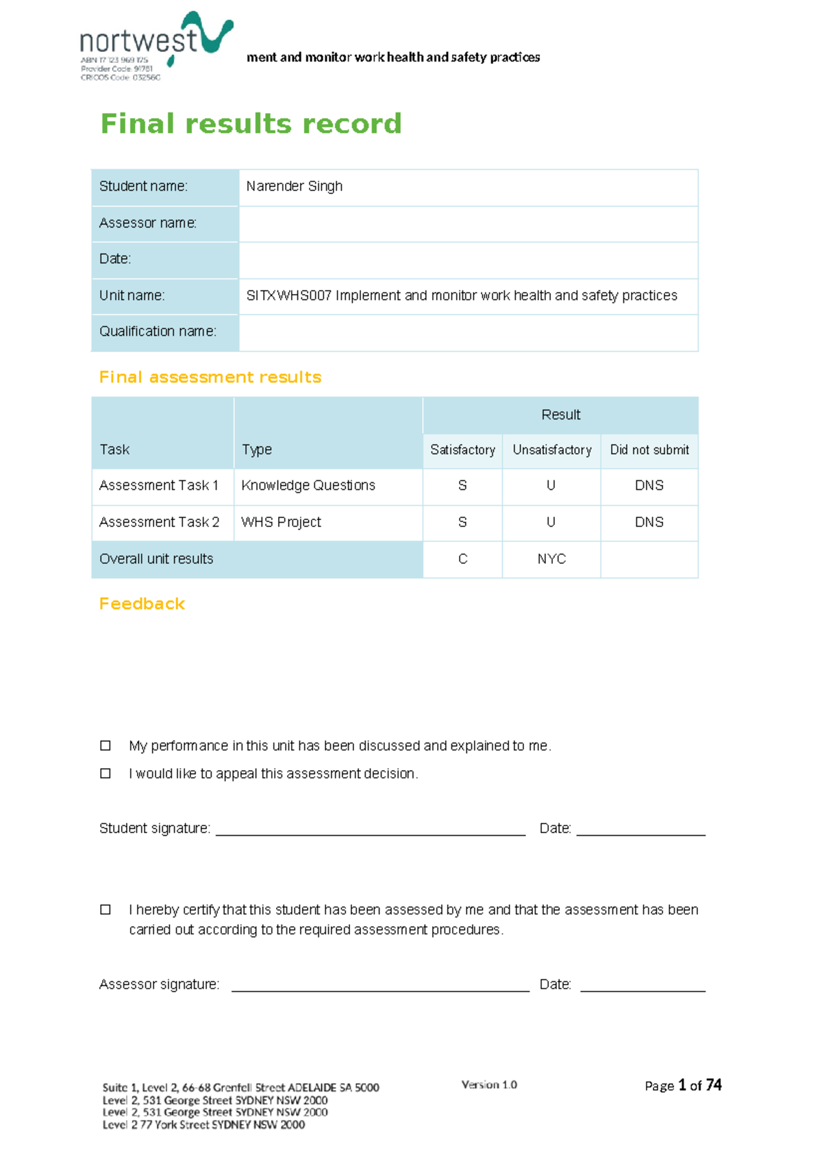 SITXWHS007 Final Assessment Results & Student Performance Record - Studocu