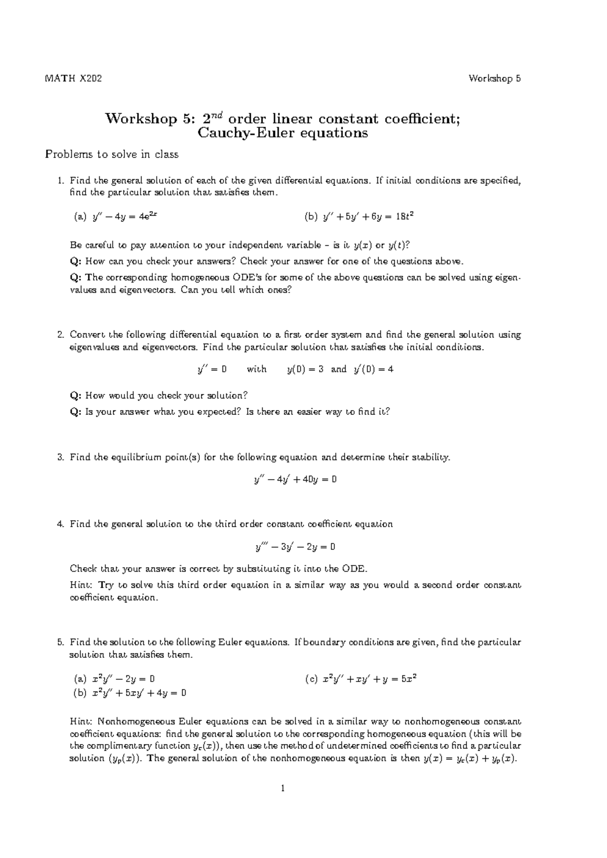 MATH X202 Workshop 5: Solving 2nd Order Linear DEs and More - Studocu