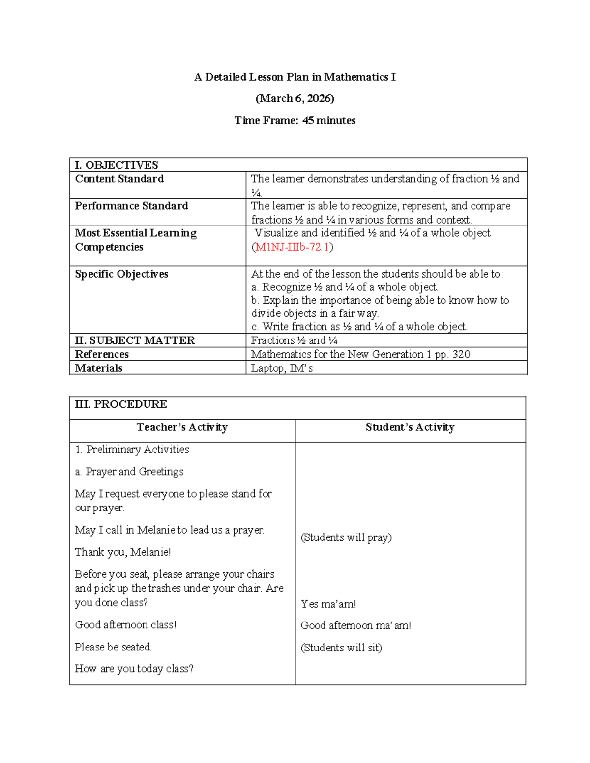 Mathematics I Lesson Plan: Understanding Fractions ½ and ¼ - Studocu