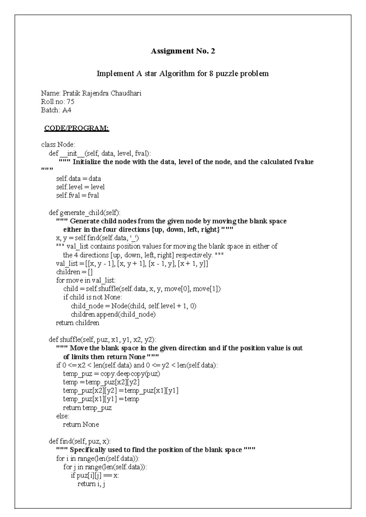 Assignment No. 2 - A* Algorithm for 8 Puzzle Problem (DDS) - Studocu