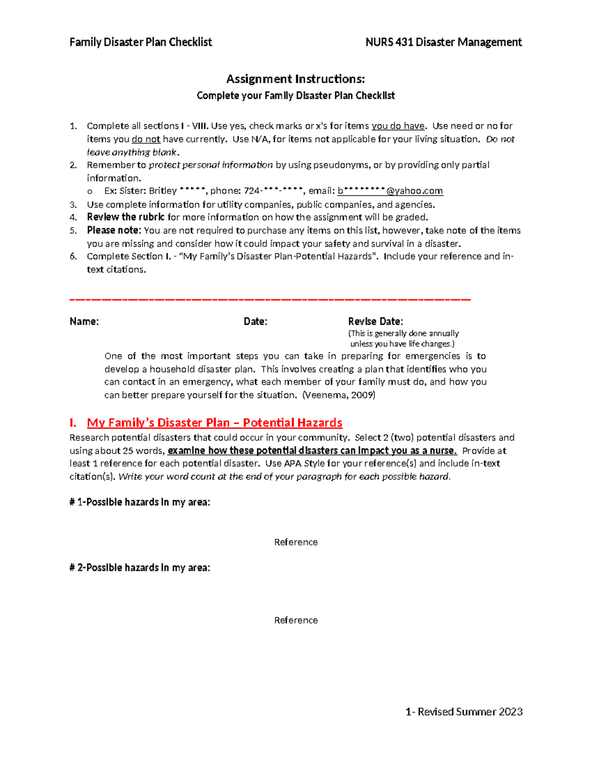 Family Disaster Plan Checklist - Complete all sections I - VIII. Use ...