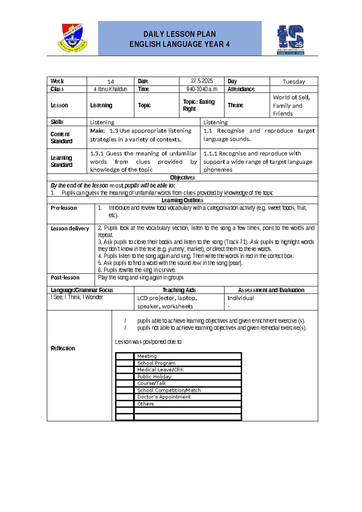 DAILY LESSON PLAN ENGLISH LANGUAGE YEAR 4 Week 14 - Eating Right - Studocu