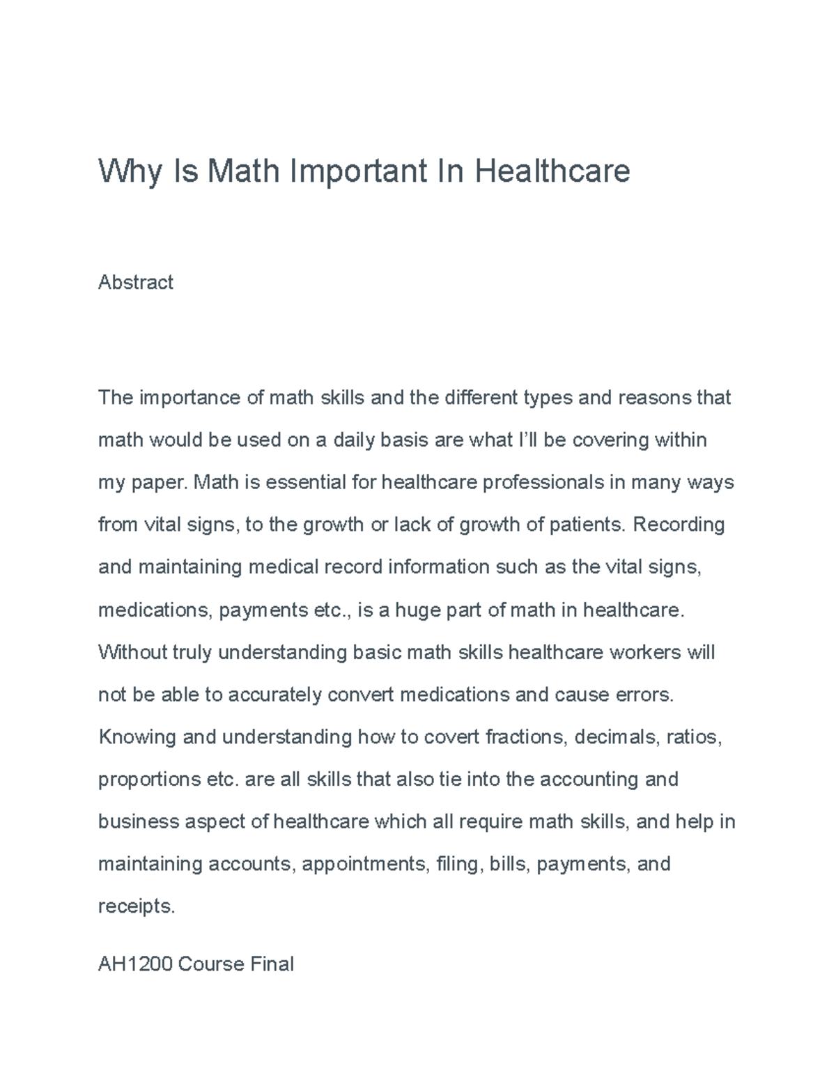 AH1200 Final Exam: The Role of Math in Healthcare Applications - Studocu