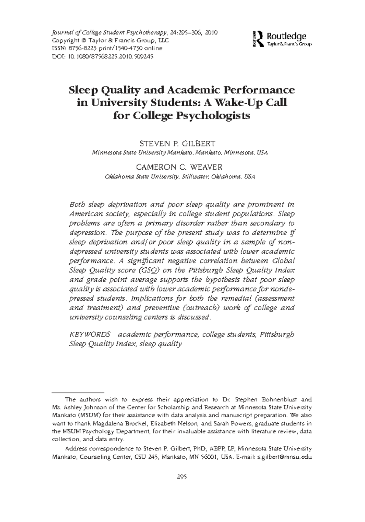 Sleep Quality and Academic Performance: Insights for Psychologists (PSY ...