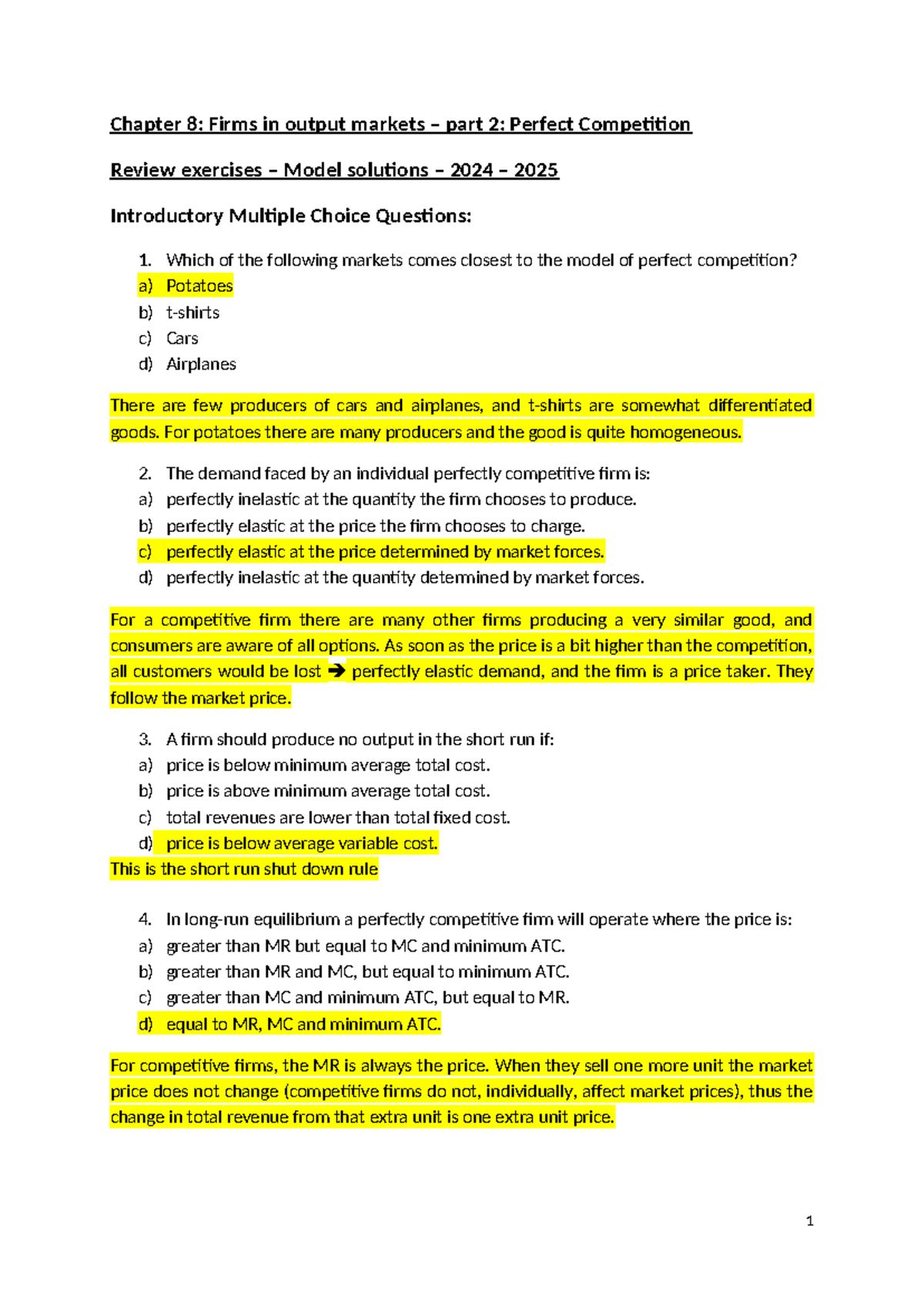 Chapter 8 Part 2: Model Solutions for Perfect Competition (2024-2025 ...