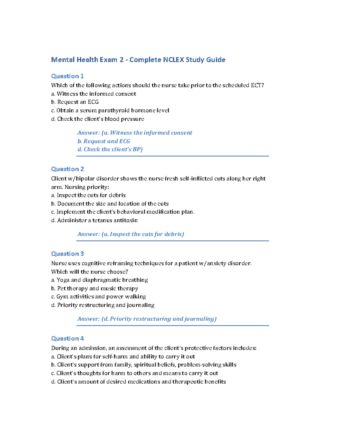 Mental Health Exam 2 Comprehensive NCLEX Study Guide - Studocu