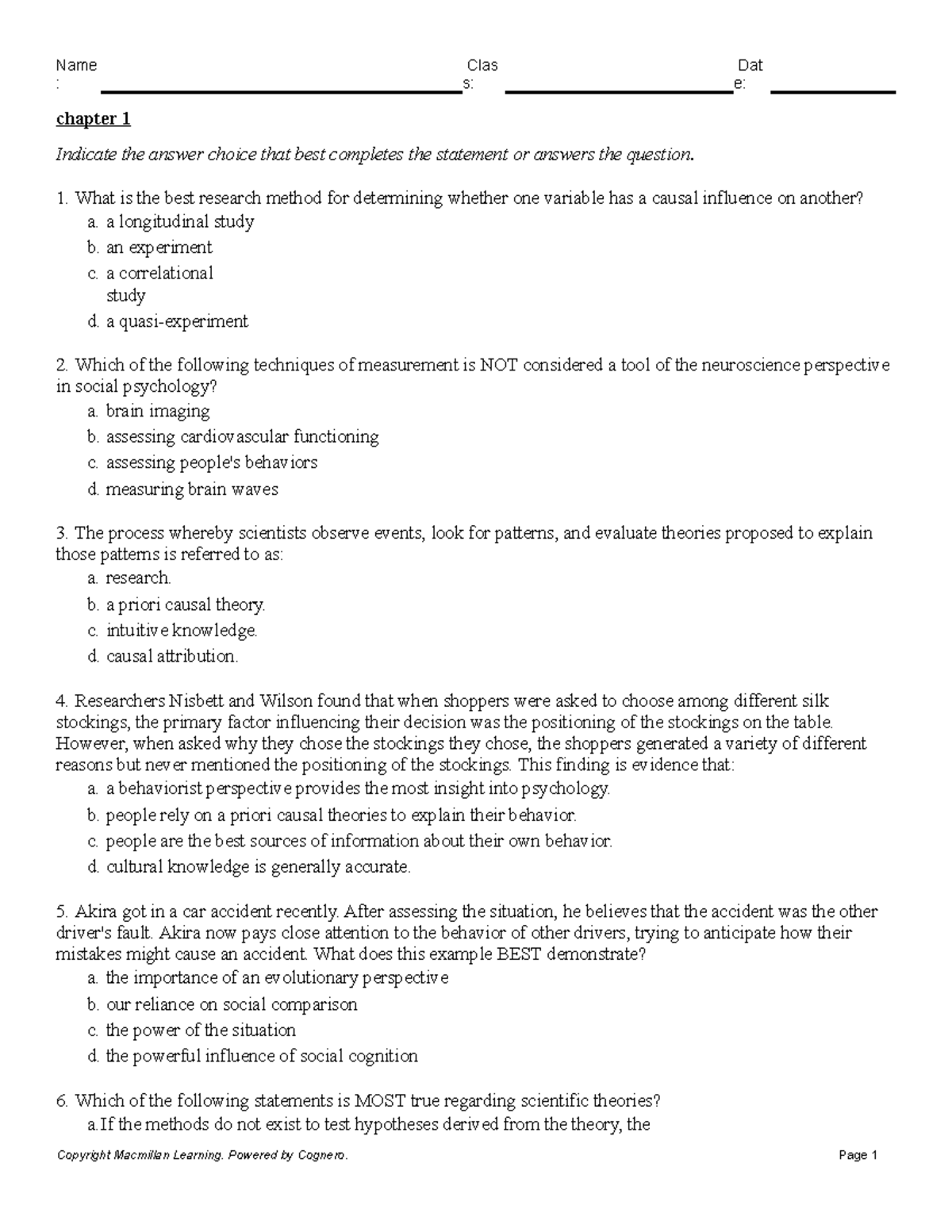 Chapter 1 Review Questions for PSY 101: Social Psychology Insights ...