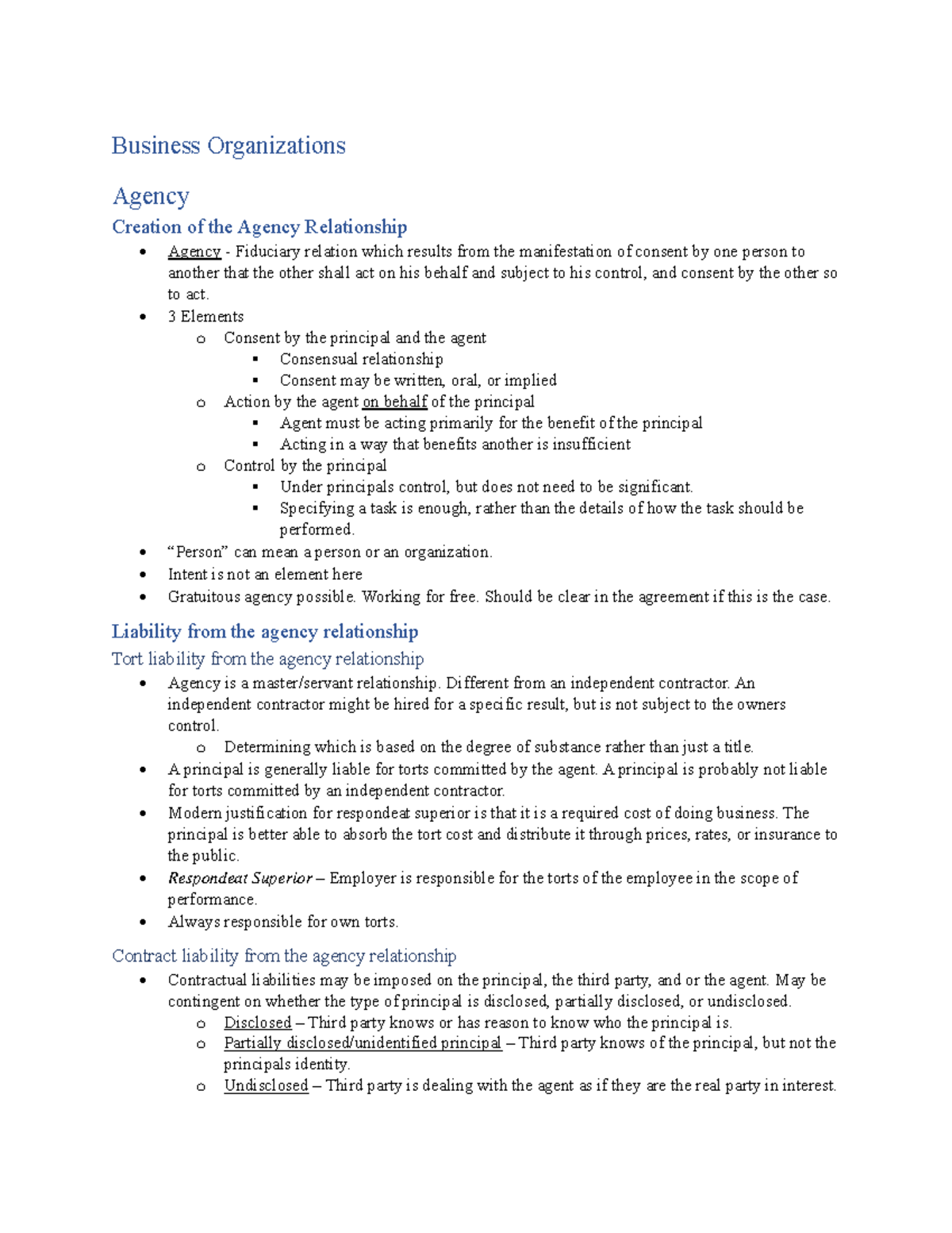 BUS 101 - Business Organizations: Lecture Notes on Agency & Liability ...