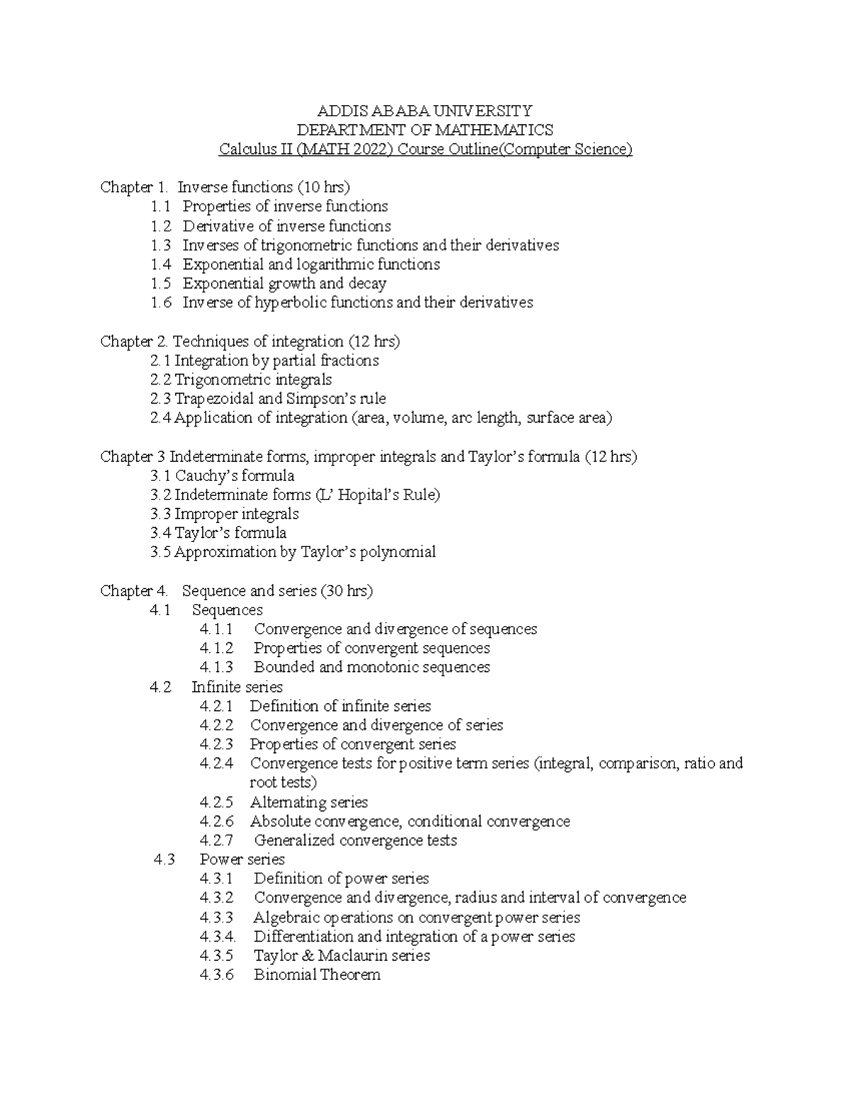 Calculus II (MATH 2022) Course Outline for Computer Science - Studocu