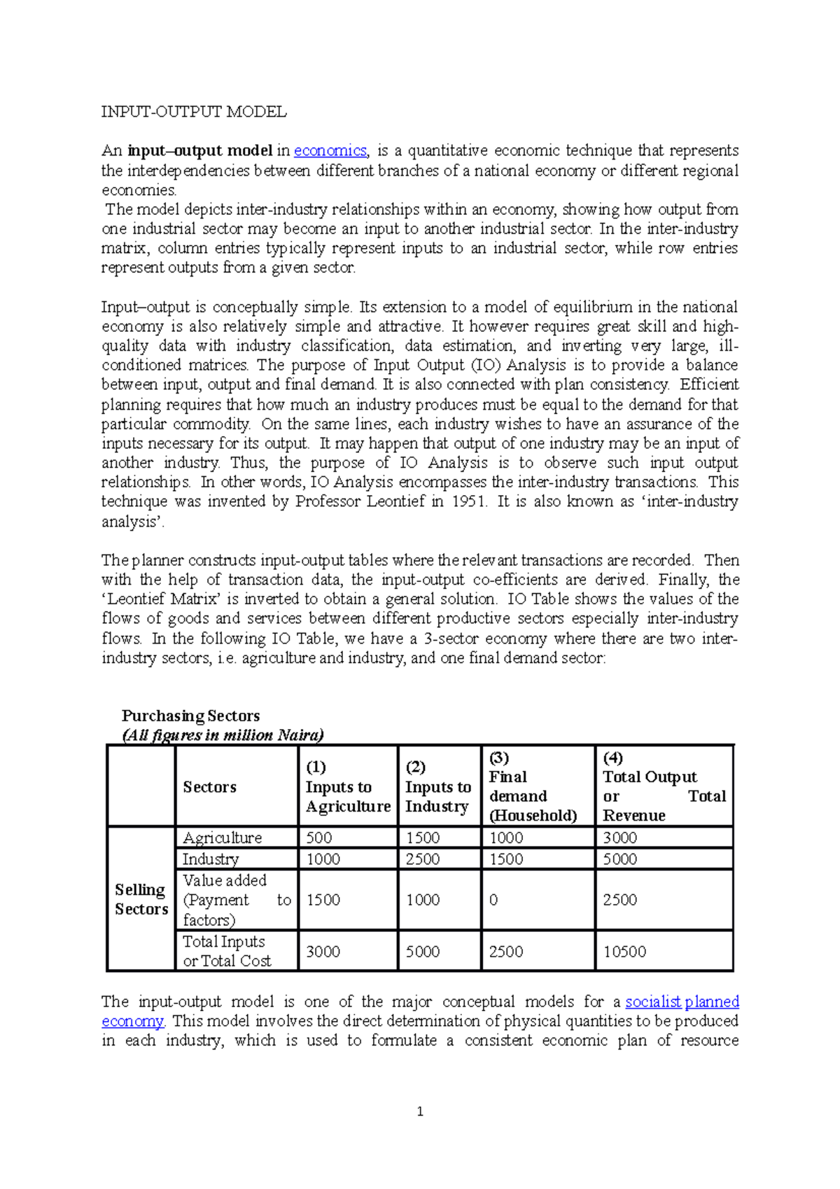 Input-Output Analysis: Economic Planning Techniques Lecture - Studocu