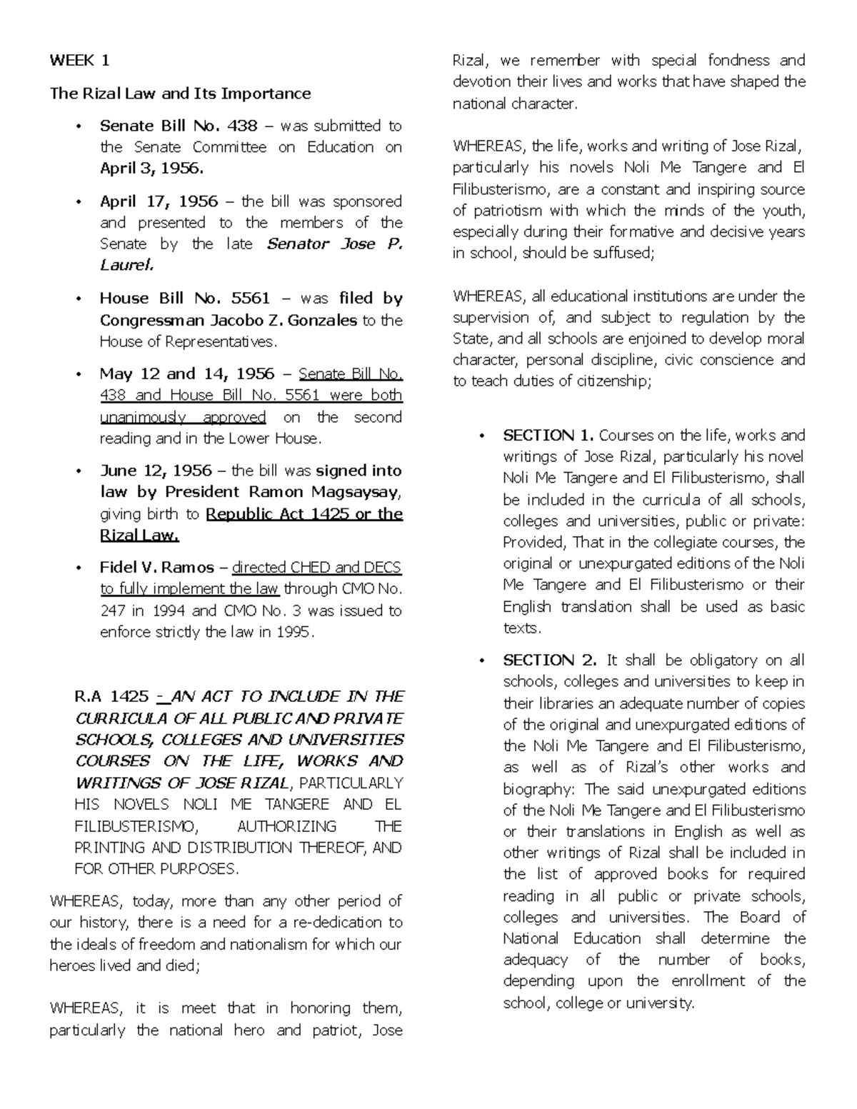 RIZ101 Week 1: The Rizal Law and Its Historical Significance - Studocu