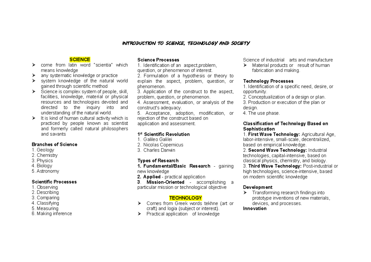 STAS 101: Prelims Reviewer on Science, Technology, and Society - Studocu
