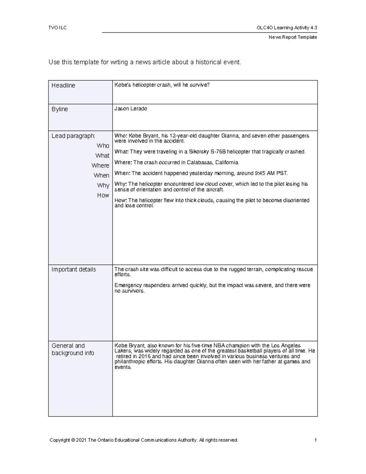 OLC4O 04 - News Report Template for Historical Events - Studocu
