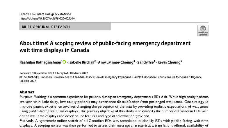 Canadian Journal of Emergency Medicine: Scoping Review on ED Wait Time ...