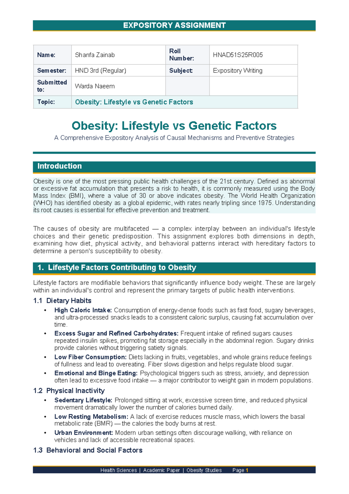 HND3 Expository Writing: Obesity - Lifestyle vs Genetic Factors ...