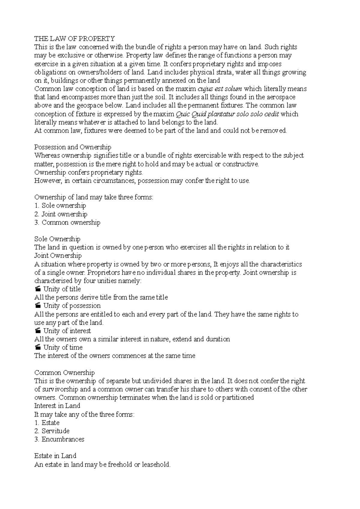 Property Law - Lecture Notes on Rights and Ownership (LAW 101) - Studocu