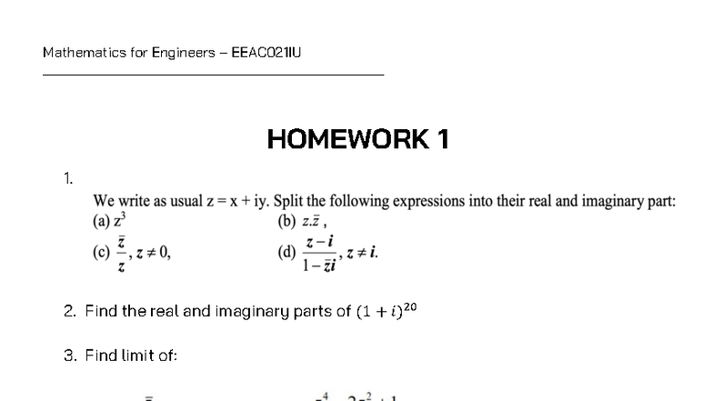 Homework 1 - HW1 - Mathematics for Engineers - Mathematics for ...