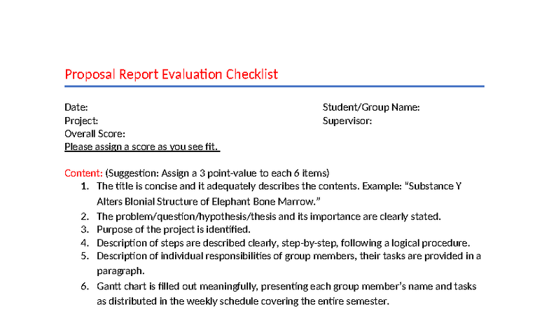Proposal Report Evaluation Checklist: Scoring Guide - Studocu