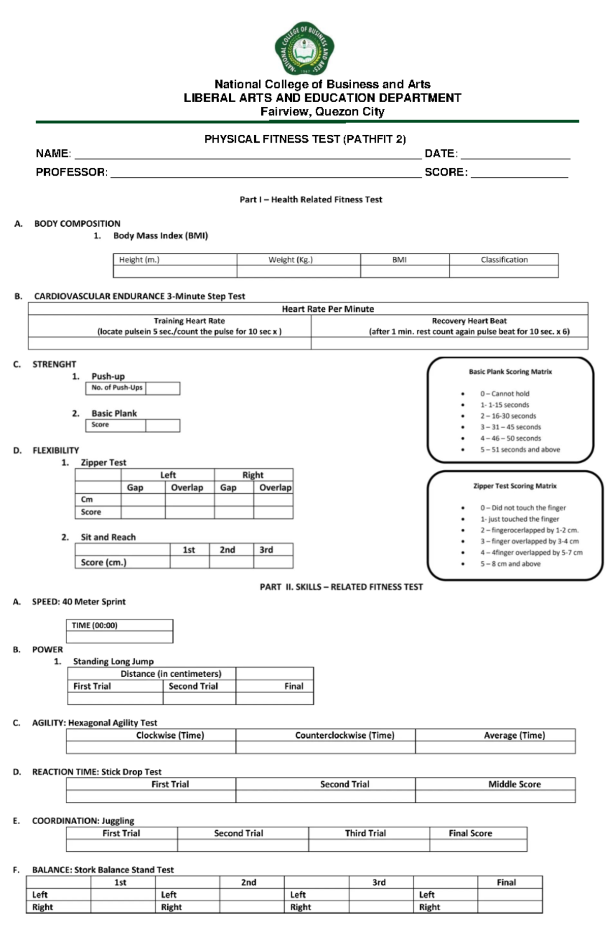 Physical Fitness Test Form - physical fitness - National College of ...